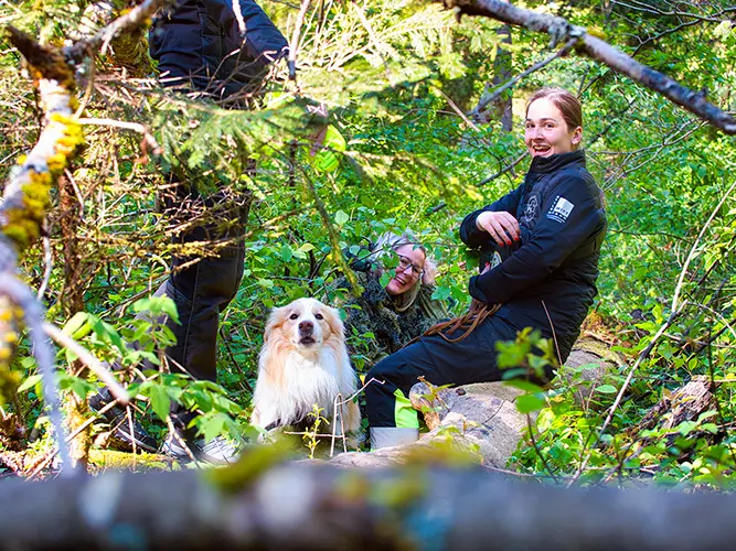 Training: Australian Shepard Makani und seine Hundführerin freuen sich über die erfolgreiche Suche.